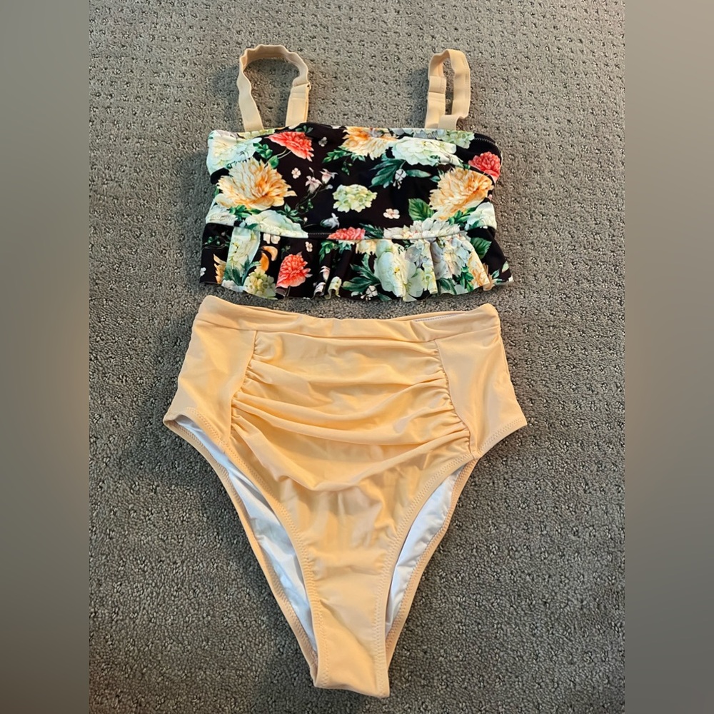 two piece flower print & cream swimsuit